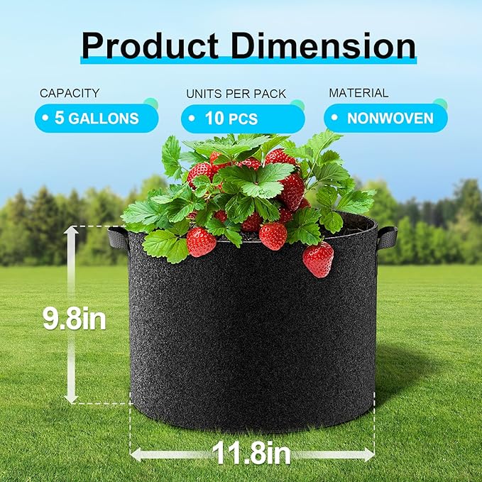 Land Guard 10-Pack Fabric Grow Bags 5 Gallon, Thickened Nonwoven Garden Pots, Growing Bags with Handles, Black