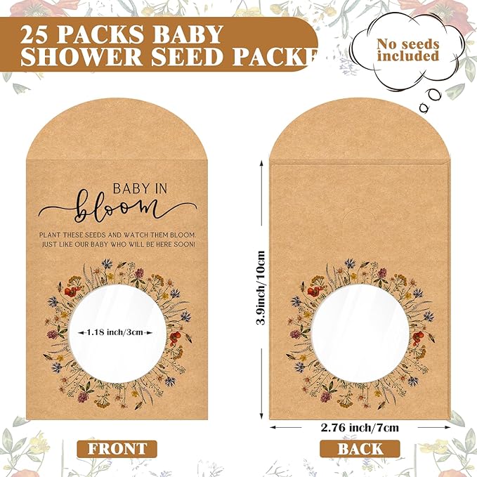 Fumete 25 Pack Baby in Bloom Party Favors Wildflower Baby Shower Seed Packet Kraft Bags with Window Envelopes Resealable Organizer Storage Bag for Gender Reveal Party Favors