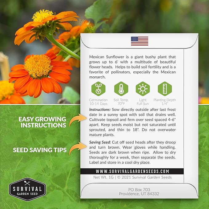 Mexican Sunflower Seeds for Planting – Tall Orange Tithonia Rotundifolia Pollinator Flower, Heirloom Non GMO Annual Flower Seed to Plant - Survival Garden Seeds (2 Packs)