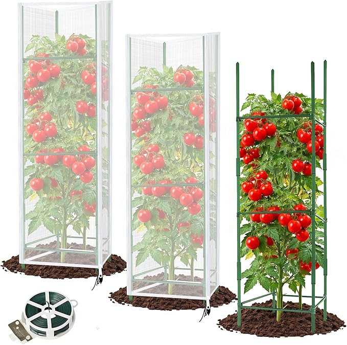 3 Pack Square Tomato Cage with Plant Cover Net 47'' Tall Plant Support Structures for Vegetables Large Climbing Plants Trellis Stakes for Garden, Pots, Raised Garden Bed Outdoor Supplies
