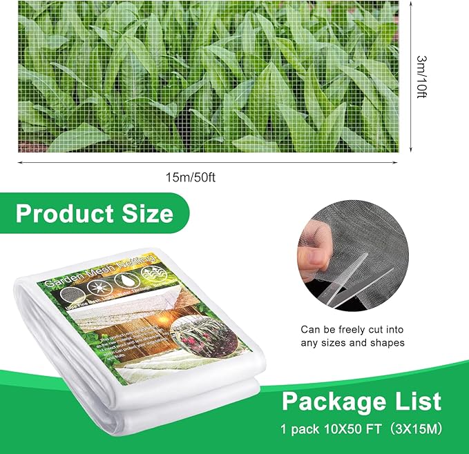 Garden Netting Pest Barrier, 10 X 50FT Insect Netting for Garden Raised Beds, Garden Bug Netting Plant Mesh for Blueberry Bushes, Figs, Plants, Vegetables Protection