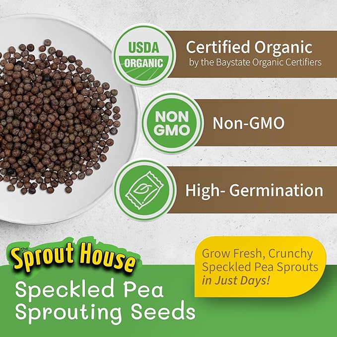 The Sprout House Speckled Pea Seed - Organic Speckled Pea, Non-GMO, High Germination Sprouting Seeds for Nutritious Pea Shoots, Resealable Bag for Freshness, Perfect for Smoothies & Salads, 1LB