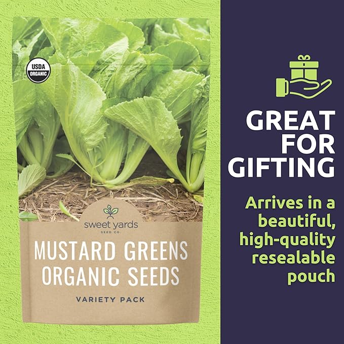 Organic Mustard Green Seeds Variety Pack - 4 Individual Packs - 2026 Season - Mizuna, Pizzo, Bekana, and Red Giant! for Indoor & Outdoor Planting (Non-GMO, Certified Organic)