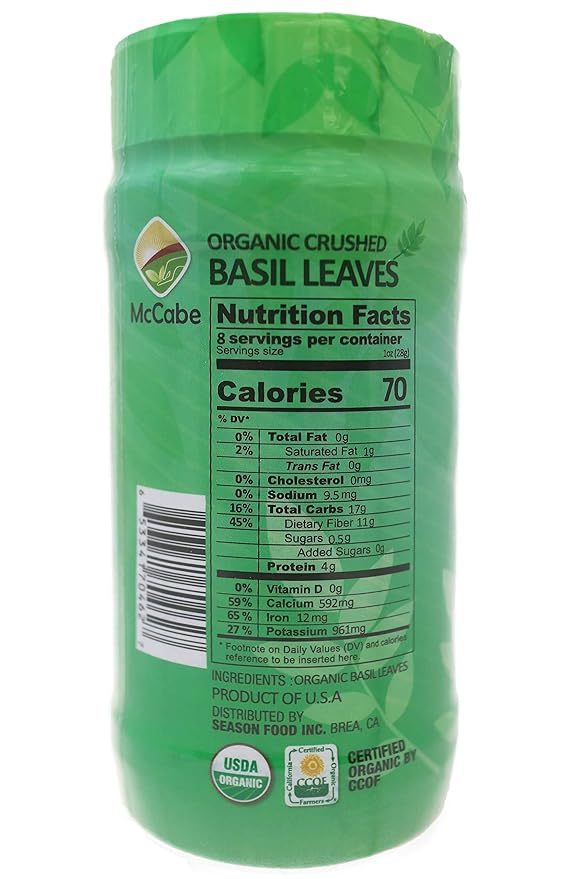 McCabe Organic Sun-Dried Crushed Basil Leaves - Dried Basil Leaves | Rich with Fiber & Minerals | USDA and CCOF Certified | Product of USA | 75g