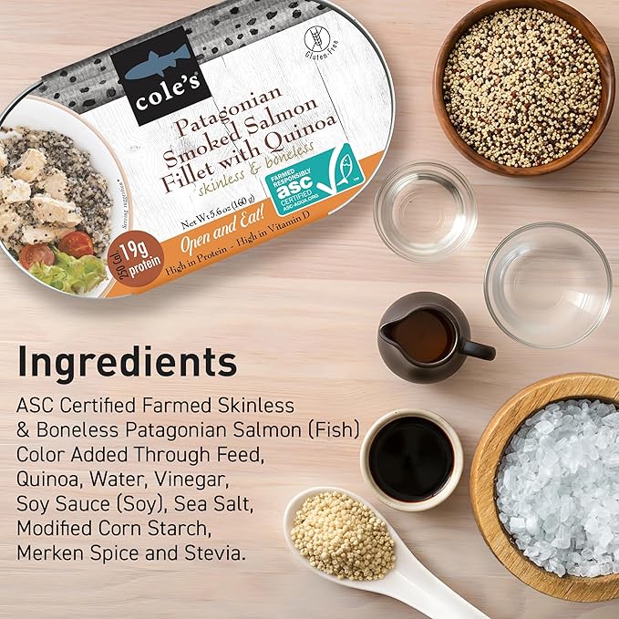 COLE’S Open & Eat Meals Variety Pack | 5.6 oz Hand-Packed Smoked Salmon & Trout with Quinoa & Vegetables | Ready to Eat Meals | High Protein, 4 Cans