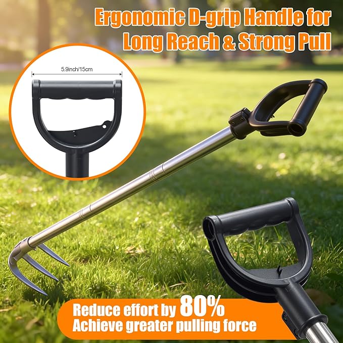 Long Handle Hand Rake Garden Tool, 62" Stand Up Weeding Rake with D-Grip, Heavy Duty 3-Tine Cultivator for Soil Loosening, Digging & Planting, Carbon Steel Tiller for Standing Weeding