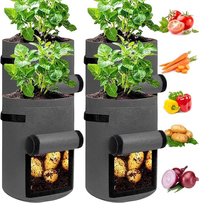 JJGoo 4 Pack Potato Grow Bags 10 Gallon with Flap, Heavy Duty Fabric with Handle and Harvest Window, Non-Woven Planter Pot Plant Garden Bags to Grow Vegetables Tomato, Dark Grey