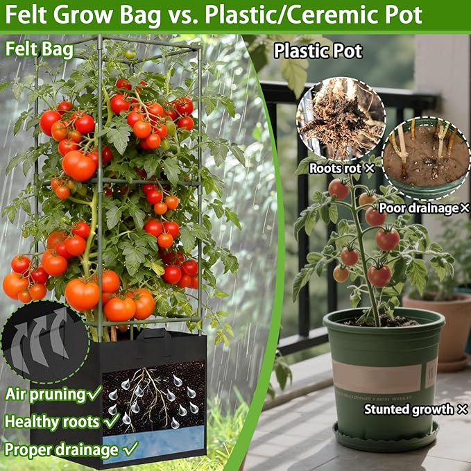 3 Pack Tomato Cages for Garden, 47in Tall Square Tomato Trellis with 15 Gallon Grow Bags, Plant Planter for Garden, Patio & Balcony, Metal Tomato Cage for Tomatoes Cucumbers Peas Climbing Plants