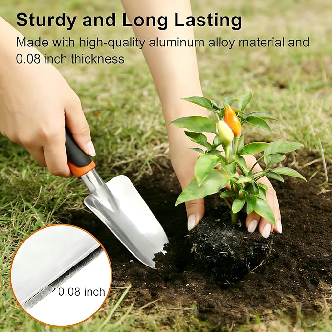 Garden Tools Set, 3-Piece Heavy Duty Gardening Hand Tools, Rust-Proof Cast Aluminum Construction with Soft Non-Slip Rubber Grips, Ideal for Digging, Planting, Weeding & Transplanting (Orange)