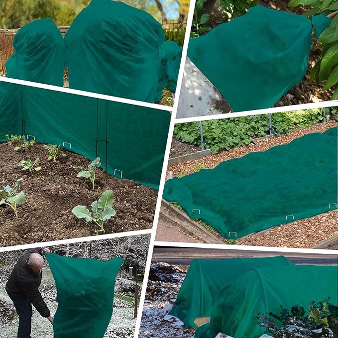 Plant Covers Freeze Protection, 6.5ft x 16ft 1.41 oz/yd² Frost Cloth Plant Blankets Floating Row Covers with 15 Stainless Steel Clips for Winter Plants Gardens Frost/Sun Pests Protection, Dark Green