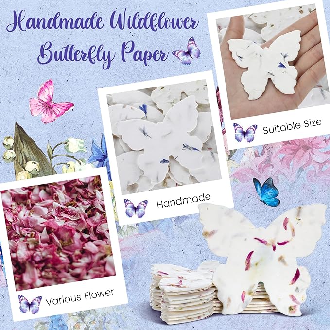 50 Pcs Handmade Seed Paper Plantable Wildflower Seed Paper Recycled Flower Petals Tags Wedding Favors for Guests Craft Gifts Cards for Envelope Birthday Party, 5 Styles (Butterfly Shape)