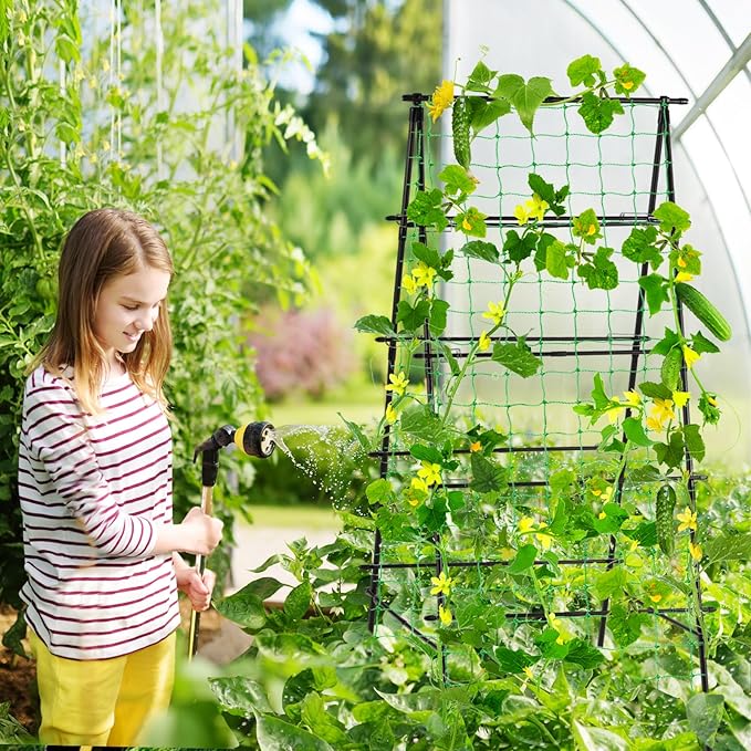 Lalahoni Garden Trellis for Climbing Plants Outdoor, 31.5x70.8 inch Metal A-Frame Cucumber Trellis Raised Bed, Climbing Plant Support Vine Fruit Flower Vegetable Tomato Peas Bean Trellis, with Netting