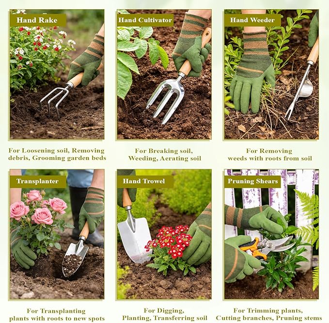 15-Piece Garden Tool Set for Women, Heavy Duty Gardening Kit with Floral Garden Bag, Steel Garden Hand Tools, Plant Labels, Gloves, Gardening Gift Basket for Men Gardeners Plant Lovers, Green