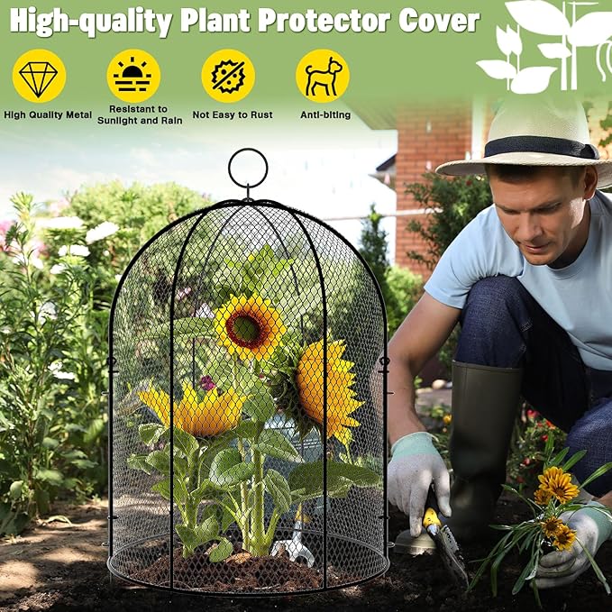 Novabright 2 Pack Garden Cloches for Plants 12" x 16" with Stakes & Zip Ties, Plant Covers from Animals Large Metal Mesh Chicken Wire Cloche Plant Protector Cage for Vegetable Garden Outdoor (Black)
