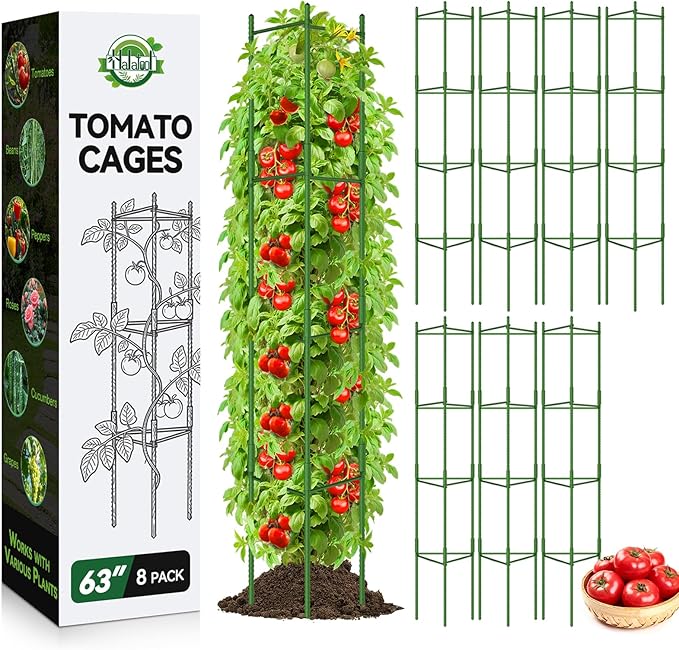 Halatool 8 Pack Tomato Cages for Garden,Up to 63in Adjustable Tall Tomato Cage, Garden Stakes Tomato Trellis for Pots, Tomato Plant Support for Raised Garden Bed & Vegetables Flowers