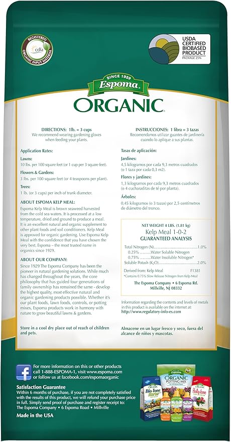 Espoma Organic Kelp Meal 1-0-2 Plant Food and Soil Conditioner; All-Natural Cold-Water Seaweed from The Atlantic Ocean with no fillers or additives. 4 lb. Bag Pack of one