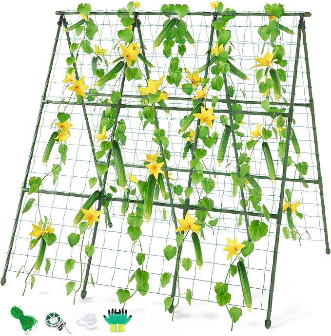Miory Cucumber Trellis, A-Frame Trellis for Raised Bed, Garden Trellis for Climbing Plants Outdoor, Plant Support for Vegetables Vines, Steel with PE Coated(48" Lx48 H)