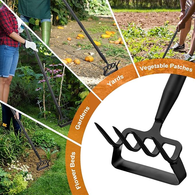 Garden Hoe with Cultivator Rake - Heavy Duty Stirrup Hoe Gardening Tool,Sharp Blade,60 Inch Adjustable Long Handle,Scuffle Action Hoes for Fast Weeding,Grass Weeder Removal,Loosen Soil