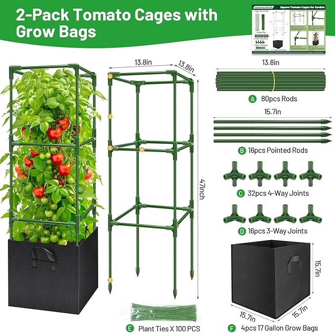 Legigo 4 Pack Tomato Cages with 17 Gallon Grow Bags- 47 Inch Square Tomato Cages for Garden, Heavy-Duty Tomato Stakes Plant Support Cages Trellis for Garden Vertical Climbing Plants Vegetables