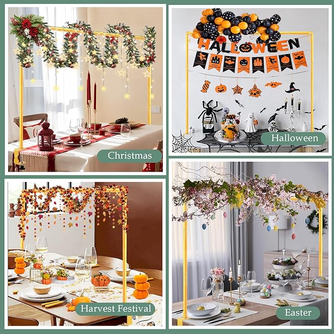 Over The Table Rod Stand with Clamps 31"-110" Length 31"-64" Height Adjustable Metal Table Hanging Decor Rod with Storage Bag for Gender Reveal Ceremony Party, Gold Table Balloon Arch Stand