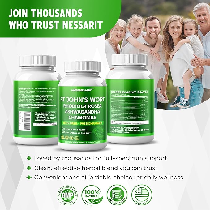 ST John's Wort 14-in-1 Natural Blend with Rhodiola Ashwagandha Chamomile Holy Basil L-Theanine Valerian Passionflower - 150 Count