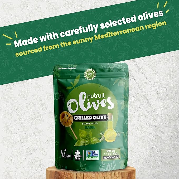 Nutruit Olives Snacks - Pitted Grilled Olives with Basil - Fresh Aegean Green Olives - Vegan, Non-GMO, Gluten Free, Kosher, Paleo, Sugar Free - Comes with Wooden Stick - 1.2oz (20-Pack)
