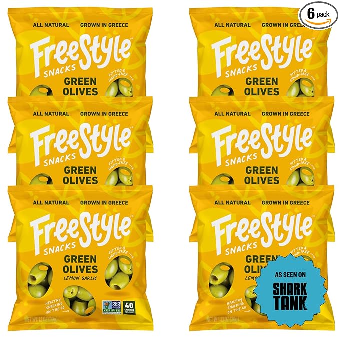 Freestyle Snacks Olive Snack Packs - As Seen on Shark Tank - Single Serve - Fresh Pitted Green Olives, Grown in Greece, All Natural, Non-GMO, Sugar-Free, Salty Snack - Lemon Garlic, 1.1oz (6 Pack)