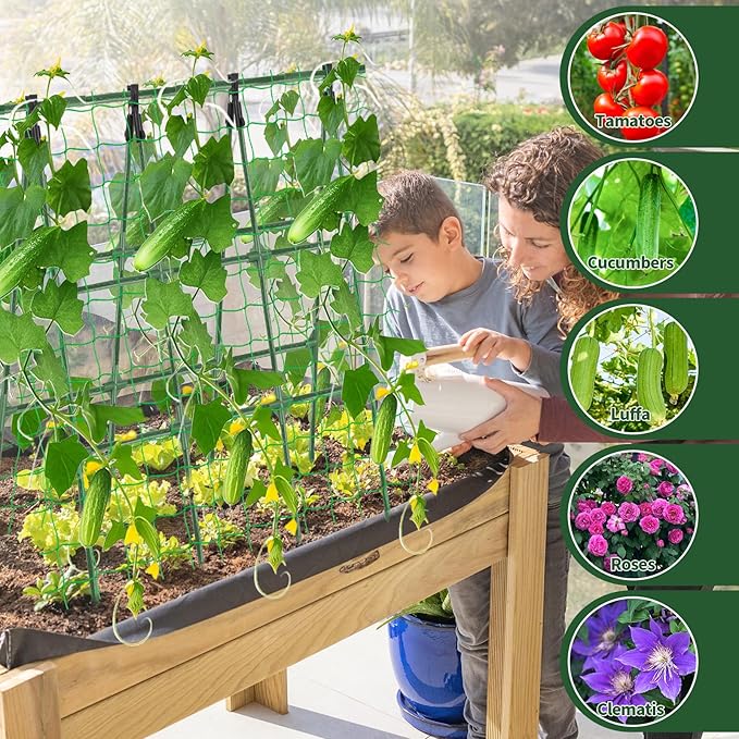 A-Frame Cucumber Trellis for Raised Bed - 47 x 47in, Heavy-Duty Detachable Garden Trellis with Netting & Clips, Support for Climbing Outdoor Cucumber, Tomatoes, Luffa, Bitter Melon, Vining Flowers