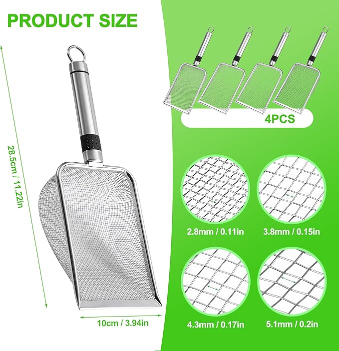4pcs/Set Stainless Steel Soil Sifter for Gardening 4 Size Garden Sand Compost Sieves Dirt 2/2.8/3.8/5mm Mesh Dirt Rock Scoop Shovels with Handle Indoor Garden Planting Tool Compost