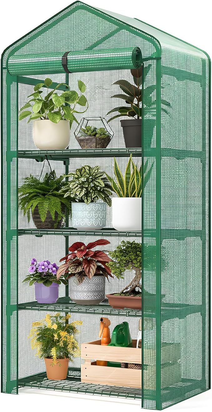 Superlele 4-Tier Mini Greenhouse for Indoor Outdoor, 19.3x27.2x62in Vertical Plant Green House with Adjustable Shelves, Reinforced Green PE Mesh Cover and Zippered Door, Heavy Duty Steel Frame