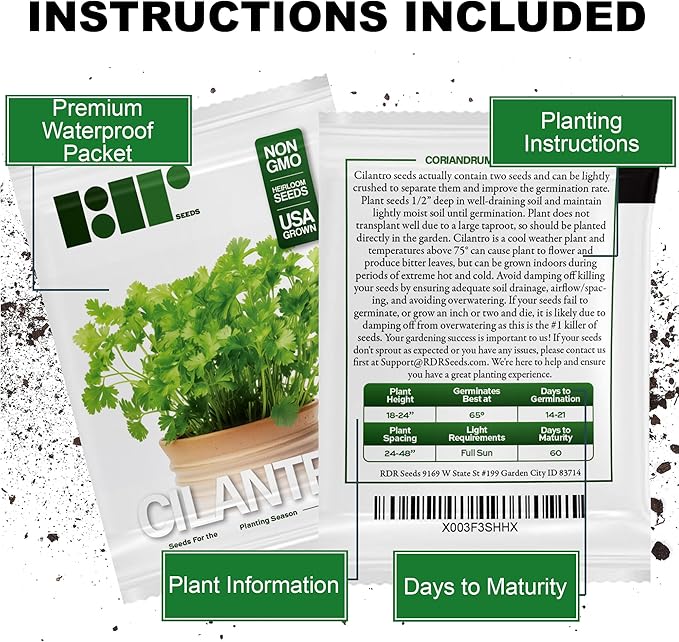 500+ Cilantro Seeds for Planting - Heirloom Non-GMO USA Grown Herb Seeds in Premium Protective Packaging - AKA Coriander, Chinese Parsley, Coriandrum Sativum - by RDR Seeds