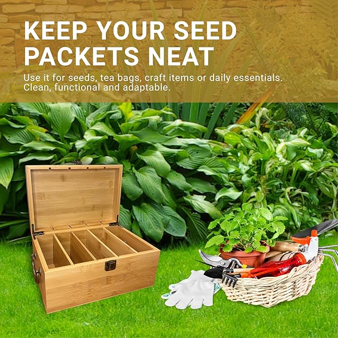 Nimpro Bamboo Garden Seed Storage Organizer Box, Wooden Seed Box with Removable Dividers, Metal Handle and Latch, Seed Keeper Organizer for Garden Seed Packets and Storage (10.59 x 7 x 5.12 in)