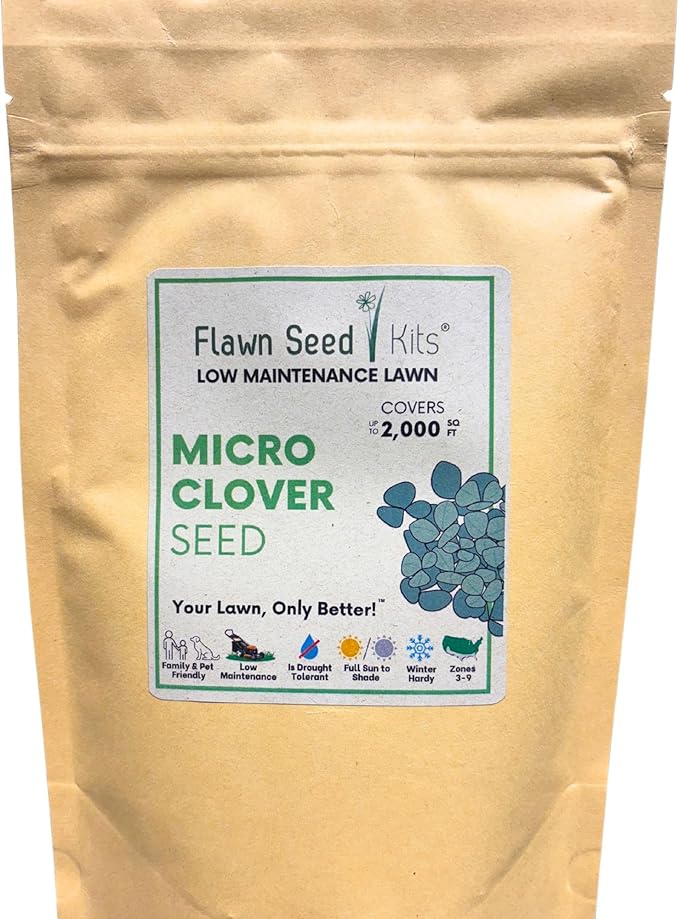 Flawn Seed Kits Micro Clover Seed, 8.8 oz, Organic Coated, Eco-Friendly, Low Growing, Low Maintenance, Lawn Alternative, Kraft Zipper Pouch, Covers up to 2,000 Sqft
