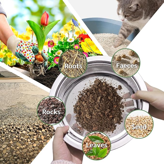 Soil Sifter Stainless Steel Rock Sifter with 5 Replaceable Mesh, Dirt Sifter for Gardening Compost Weed Sand Cat Litter Bonsai with Planting Mat,Shovel,Gloves