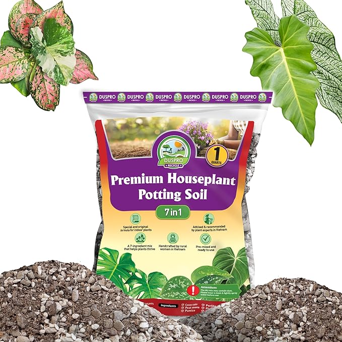 DUSPRO Recycle 1QRT Pre-Mixed House Plant Potting Mix 7in1 with Potting Soil Indoor Plants, Tropical Indoor Potting Soil with Pine Bark, Pumice, Coco Coir, Perlite, Worm Castings, Gypsum, Peat Moss