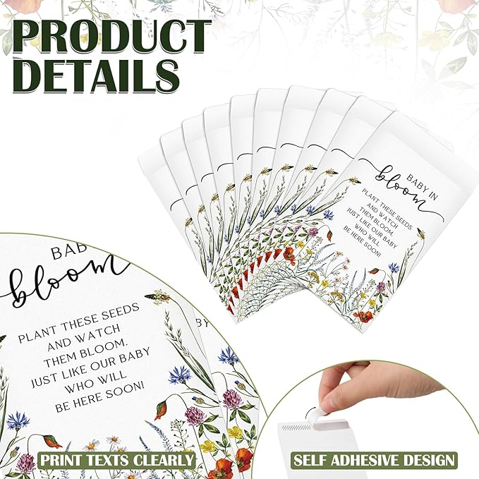 Fumete 75 Pcs Baby in Bloom Seed Packet Favors Wildflower Baby Shower Self Adhesive Envelopes for Guests Flower Packet Kraft Mini Organizer Decorations for Party Gift Favors, No Seeds