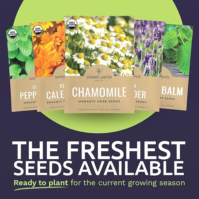 Organic Herbal Tea Seeds Variety Pack - 5 Individual Packs - 2026 Season - Mint, Lavender, Calendula, Chamomile & Lemon Balm. For Indoor & Outdoor Planting (Non-GMO, Certified Organic)