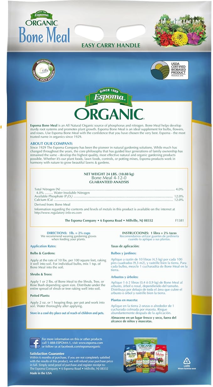 Espoma Organic Bone Meal Fertilizer 4-12-0. All-Natural Plant Food Source of Nitrogen and Phosphorus for Organic Gardening. for Bulbs & Other Flowering Plants. 24 lb.Bag.