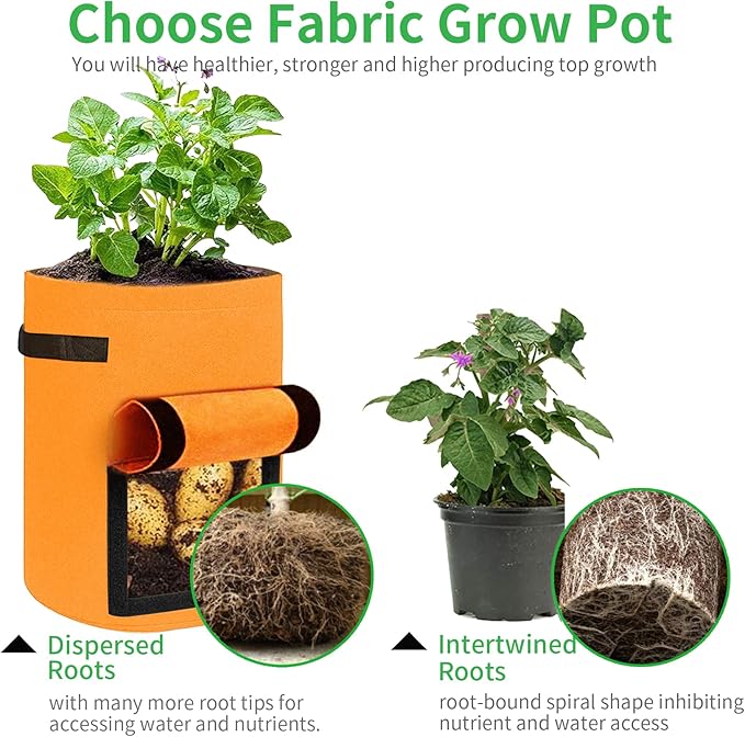 JJGoo 4 Pack Potato Grow Bags 10 Gallon with Flap, Heavy Duty Fabric with Handle and Harvest Window, Non-Woven Planter Pot Plant Garden Bags to Grow Vegetables Tomato, Orange