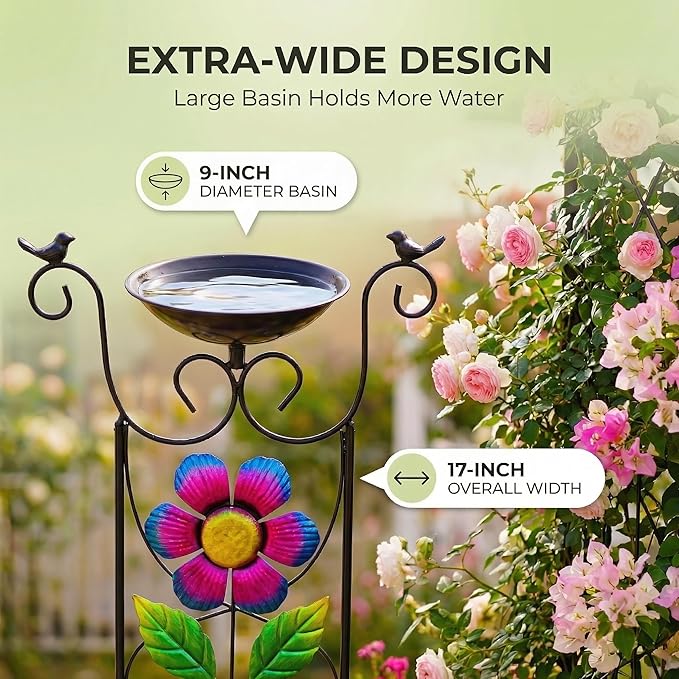 Bird Bath with Trellis Outdoor - 40" Antique Iron Free Standing with 9" Detachable Basin, Spinning Flower Windmill & Birdfeeder Station for Garden Decor