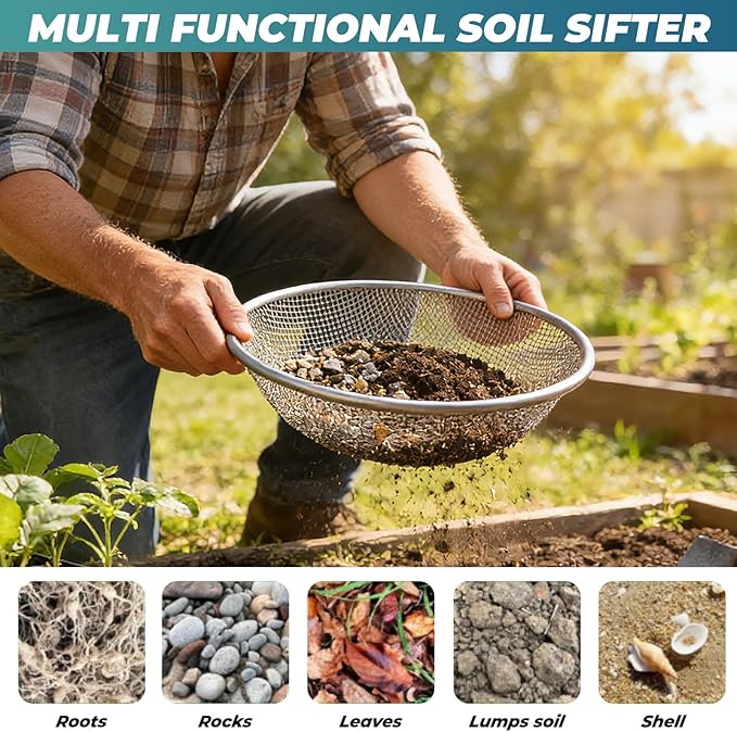 QwayHome 4Pcs Soil Sifter for Gardening, Heavy Duty Galvanized Steel Screen with 4 Aperture Sizes (2/4/6/8mm), Rust-Resistant Sifter Fits 5 Gallon Bucket for Compost, Dirt, Sand,Rock & Shell Sifting