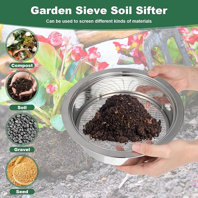 7 Pcs Soil Sifter Set Stainless Steel Riddle Sieve Set for Gardening with 5 Sizes 7.68" Diameter 1/3/6/9/12mm Interchangeable Meshes - Garden Potting Sieves with Shovel - Planting Soil Sifters Strains
