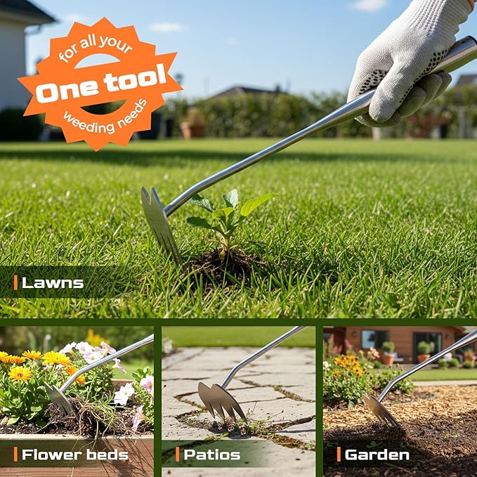 Upgraded Weed Puller Tool, 4-Tooth Stainless Steel Manual Weeder, Garden Weed Remover Tool for Vegetable Gardening Backyard Farm Planting & Weeding
