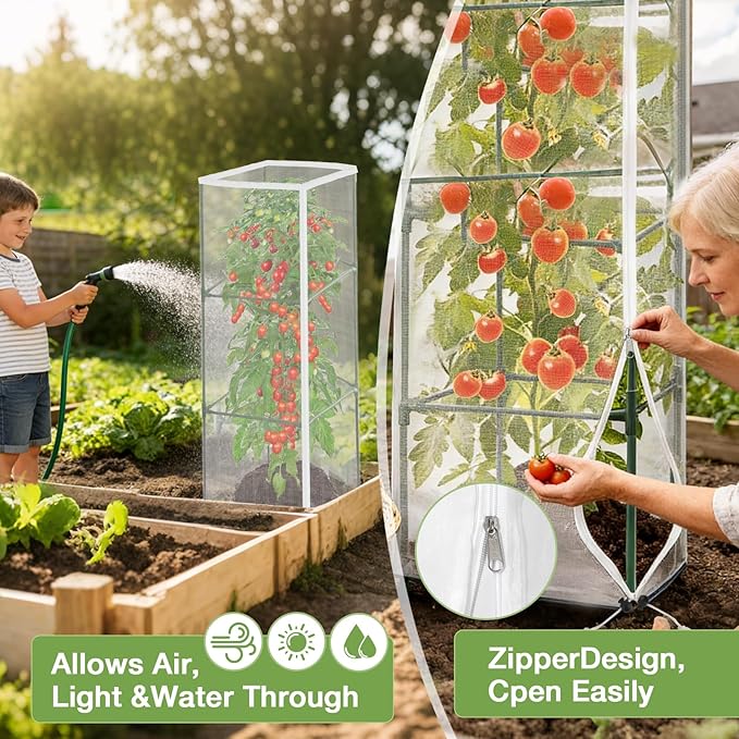 6 Pack 59" x 17.7" Garden Bird Netting for Square Tomato Cage, Tomato Trellis Netting with Zipper & Drawstring, Insect Bird Barrier Plant Cover