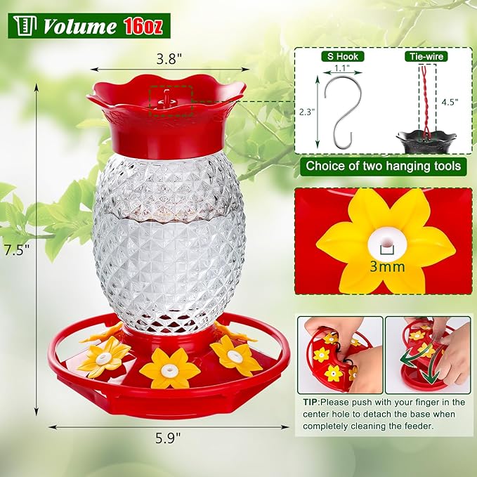 Fchstaer Glass Hummingbird Feeders for Outdoors Hanging Ant and Bee Proof 16OZ 2 Pack Clear Pineapple Humming Bird Feeder with 6 Feeding Ports and Ant Moat Hummingbird Gifts for Women Garden Decor