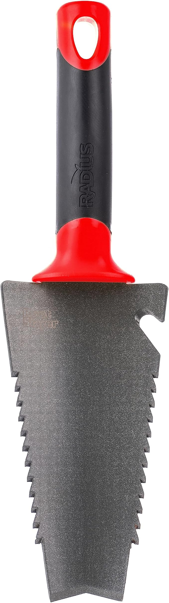 Root Slayer 17011 Garden Trowel with Holster for Digging, Planting, and Root Cutting, Serrated Steel Blade, Red