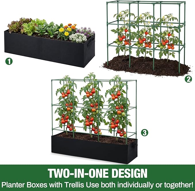 BreezeHug Garden Tomato Cages with 46 Gallon Grow Bags, 51" Height Adjustable Square Plant Support Trellis Large Steel Plant Tower Stakes for Climbing Vegetables Cucumber Squash Pea Flowers Fruits