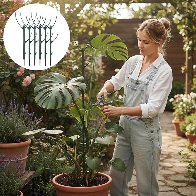 6 Pack Stackable Plant Support Stakes, Plant Stem Support Sticks Structures Pole with Half Round Supporting Rings for Monstera Trellis Indoor Outdoor Garden Accessories