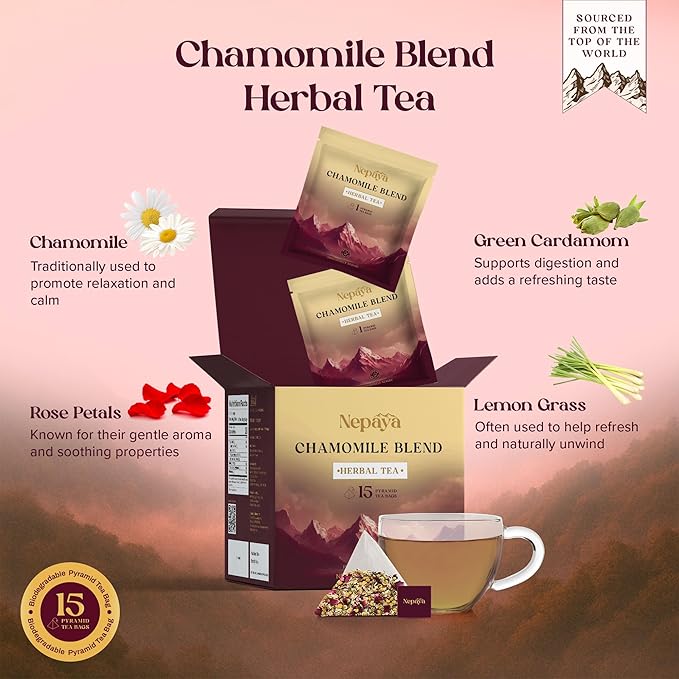 Nepaya Chamomile Herbal Tea – 15 Pyramid Tea Bags, Himalayan Chamomile Flowers & Lemongrass, Biodegradable, Naturally Caffeine-Free Bedtime Tea, Non-GMO, Gluten-Free