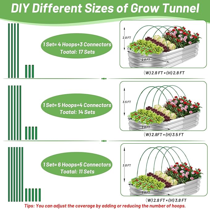 70 PCS Garden Hoops for Raised Beds 14 Sets Garden Tunnel Hoops Greenhouse Hoops Grow Tunnel, Rust-Free Fiberglass Garden Hoops Frame for Netting Shade Cloth Cover